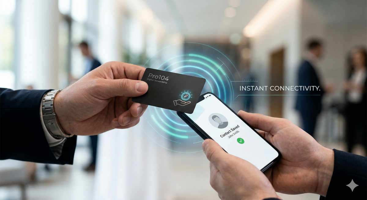 A professional demonstrating high-signal networking by tapping a smartphone with an NFC-enabled Digital Business Card to ensure instant contact remediation.