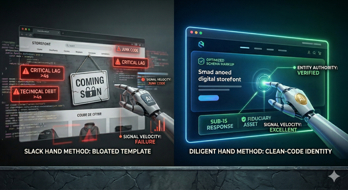 Conceptual representation of high-performance digital infrastructure vs bloated technical debt